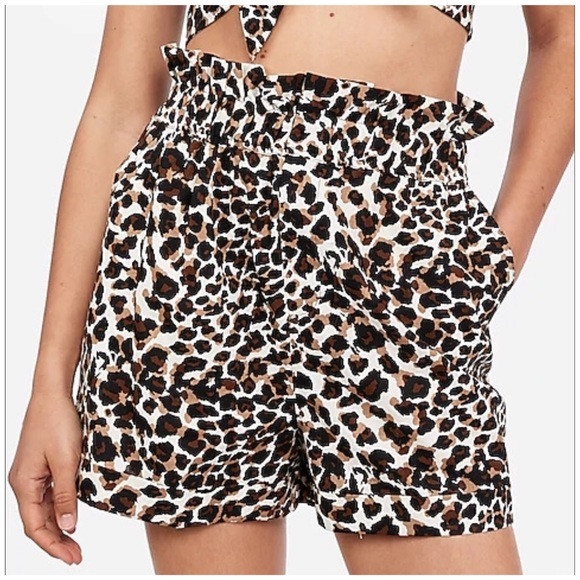 Express x Rocky Barnes Leopard Print Paperbag High Waisted Shorts - Picture 3 of 5